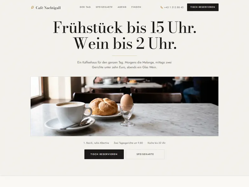 Startseite von Café Nachtigall, einem Wiener Kaffeehaus