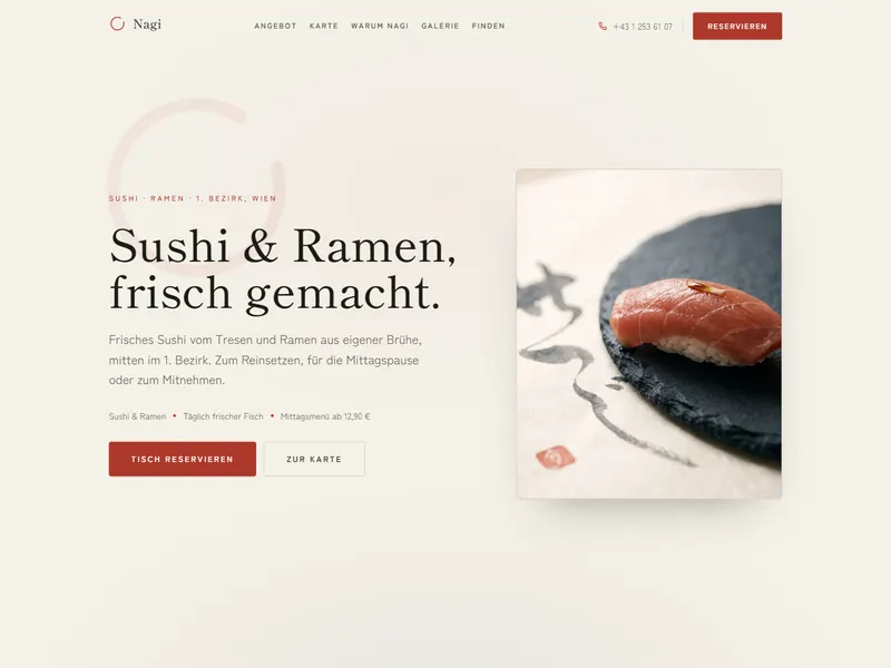 Startseite von Nagi, einem Lokal für Sushi und Ramen in Wien